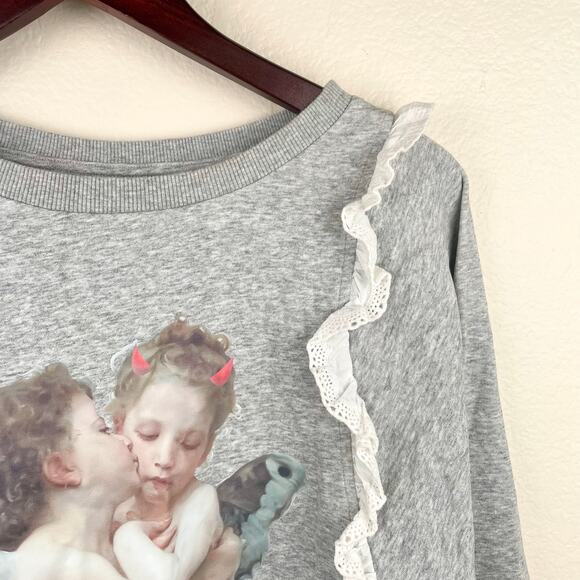 Sweatshirt Womens Sz S Embroidered Devil Cherub Ruffle Oversized Coquette Angel - Picture 2 of 9